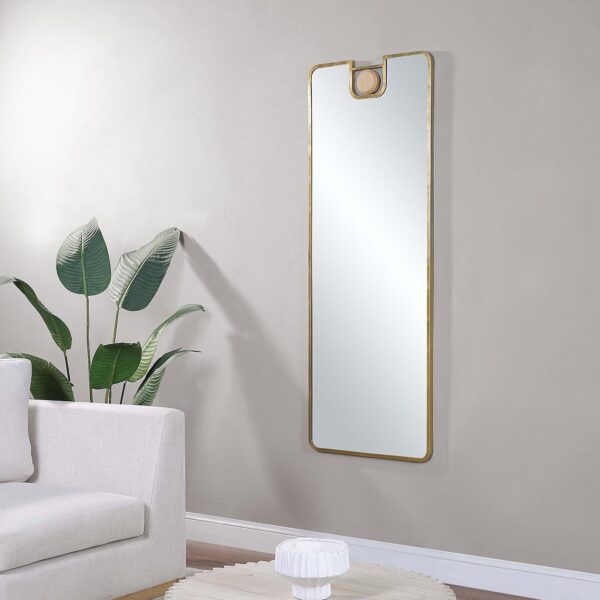 Renwil Kepler Gold Leaf Full Length Mirror with Oak Accent MT2558 - gold leaf full length mirror mounted above a console