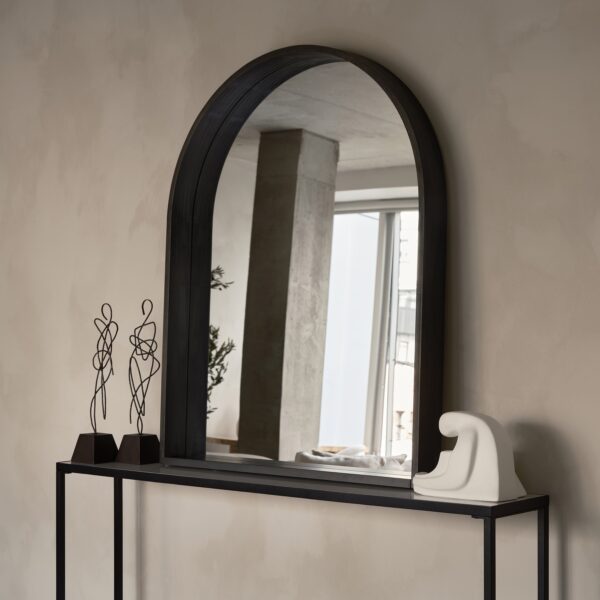 Renwil Cove Matte Black Pine Arched Wall Mirror MT2552 - arched mirror styled above a console