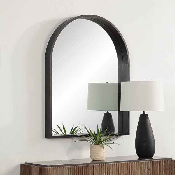 Renwil Cove Matte Black Pine Arched Wall Mirror MT2552 - deep-framed arched mirror styled above a cabinet