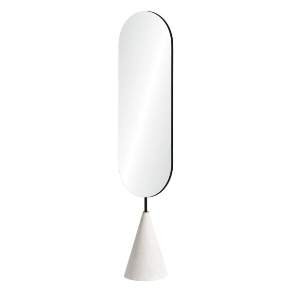 Renwil Vawn Floor Mirror with White Terrazzo Base MT2518 - angled view of the matte black frame and terrazzo support