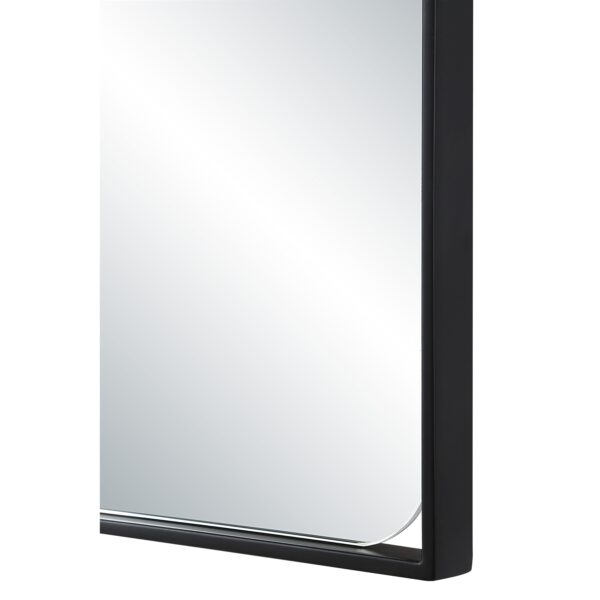 Renwil Maniola Matte Black Open-Detail Arch Mirror MT2731 - close-up of lower frame and curved glass corner