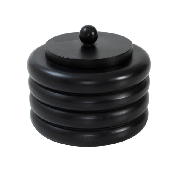 Renwil Kara Black Wood Decorative Box — angled view of the round box and spherical knob