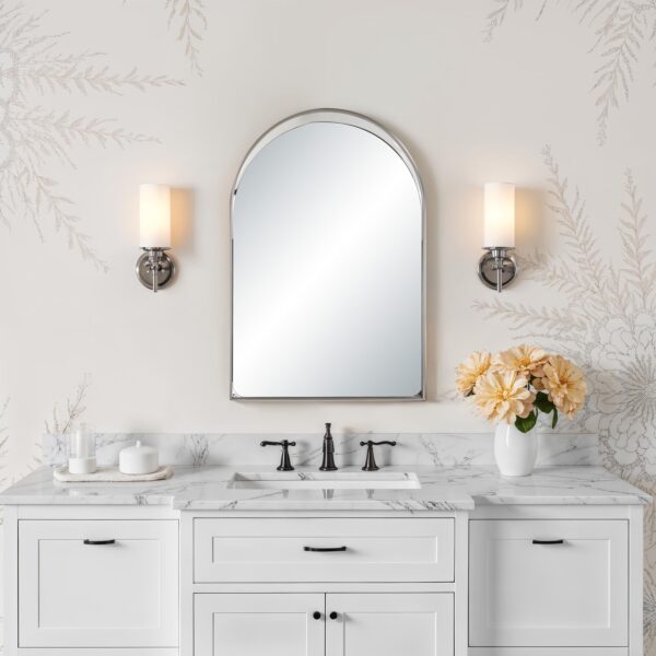 Renwil Mentha Antique Nickel Arch Wall Mirror MT2730 - mirror styled above a vanity
