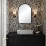 Renwil Maniola Matte Black Open-Detail Arch Mirror MT2731 - mirror styled above a bathroom vanity