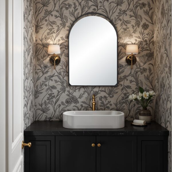 Renwil Maniola Matte Black Open-Detail Arch Mirror MT2731 - mirror styled above a bathroom vanity