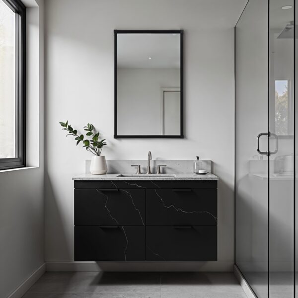 Renwil Kauri Matte Black Corner-Detail Wall Mirror MT2739 - mirror styled above a bathroom vanity