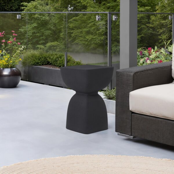 Renwil Frans Black Aluminum Indoor/Outdoor Accent Table — styled beside outdoor seating; accessories not included