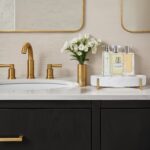Renwil Beja Marble Tray — styled on a bathroom vanity with accessories