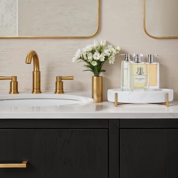 Renwil Beja Marble Tray — styled on a bathroom vanity with accessories
