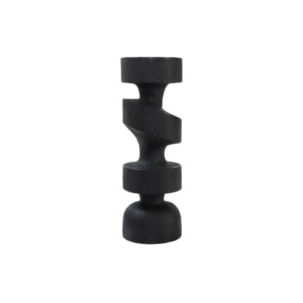 Renwil Shah Black Wood Sculpture — full view of the tall black geometric wood sculpture
