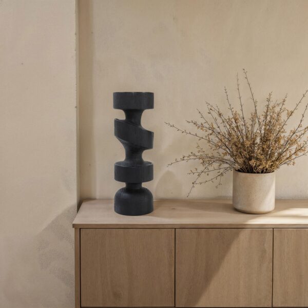 Renwil Shah Black Wood Sculpture — styled on a console beside a vase