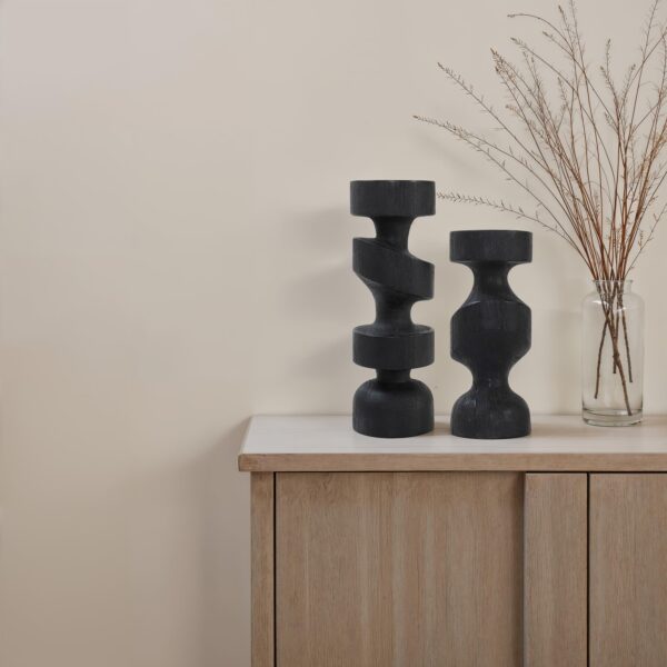 Renwil Piyade Black Wood Sculpture — Piyade at right beside the taller Shah sculpture, sold separately