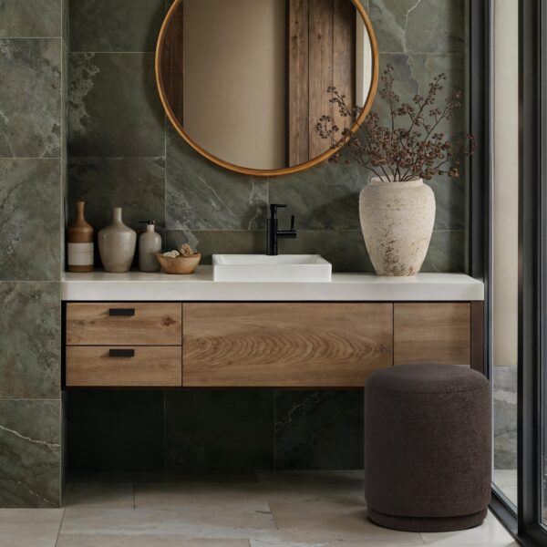 Renwil Beckton Vase — styled on a bathroom countertop