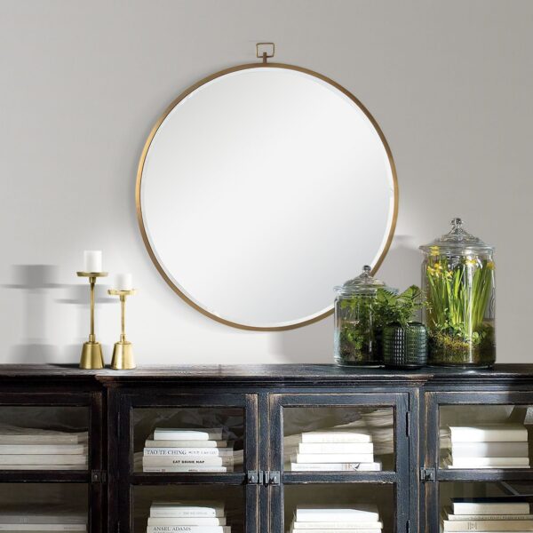 Renwil Azam Bronze Round Wall Mirror MT2356 - mirror styled above a dark cabinet