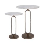 Renwil Irene White Marble Accent Tables - Set of 2 — pair of white marble tables with antique brass loop-shaped supports