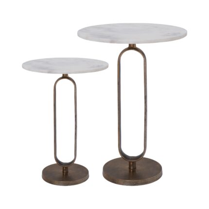 Renwil Irene White Marble Accent Tables - Set of 2 — pair of white marble tables with antique brass loop-shaped supports