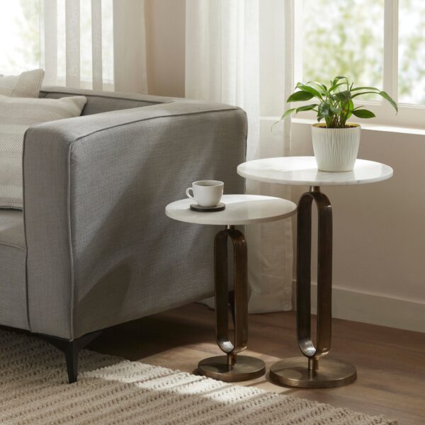 Renwil Irene White Marble Accent Tables - Set of 2 — pair styled beside a sofa; accessories not included