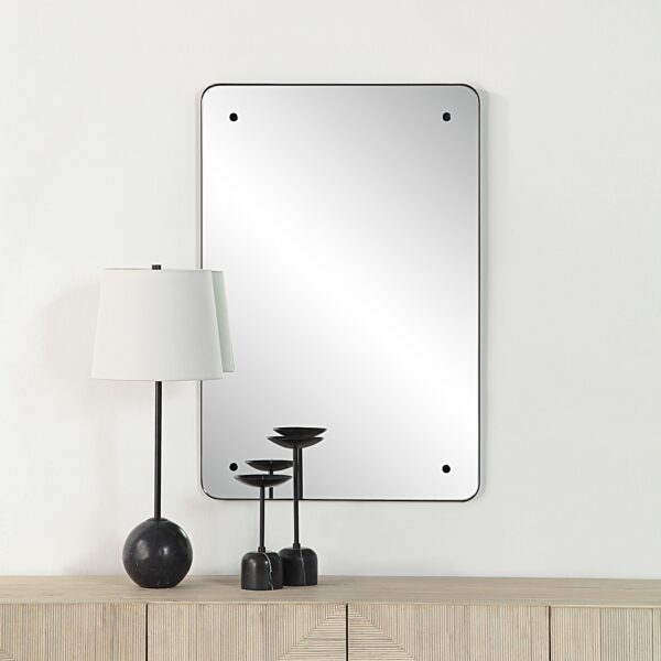 Renwil Aine Matte Black Iron Wall Mirror MT2613 - mirror styled above a wood console