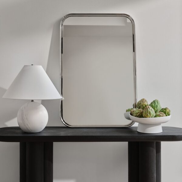 Renwil Sylvie Polished Nickel Rounded Wall Mirror MT2670 - rounded wall mirror styled above a dark console