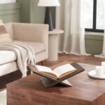Renwil Ocra Wood Book Holder — styled with an open book on a table