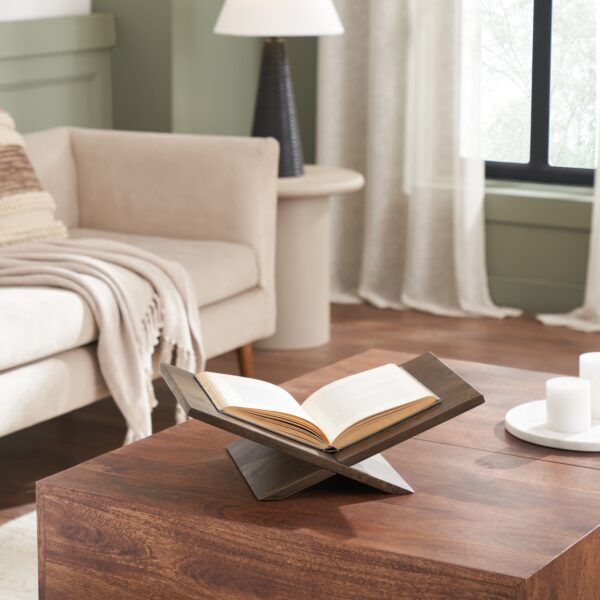 Renwil Ocra Wood Book Holder — styled with an open book on a table