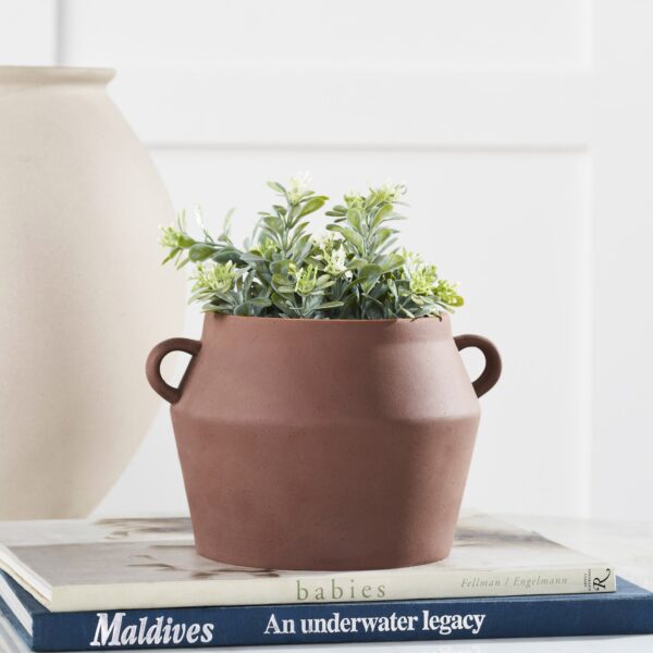 Renwil Ravello Brown Speckled Stoneware Vase — styled with greenery beside books; accessories not included