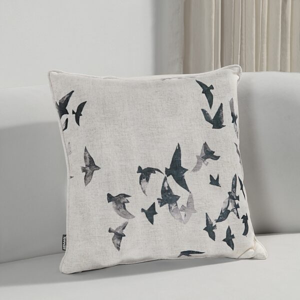 Renwil Poussin Bird-Print Poly-Linen Pillow 20 x 20 PWFL1465 - bird-print pillow styled on a chair