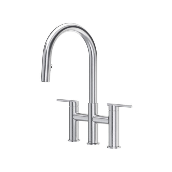 Riobel Lateral Bridge Pull-Down Kitchen Faucet With C-Spout — Stainless Steel