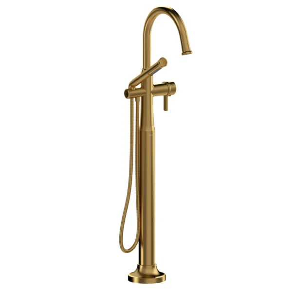 Riobel Momenti Thermostatic Single Hole Floor Mount Tub Filler Trim With C-Spout — Brushed Gold