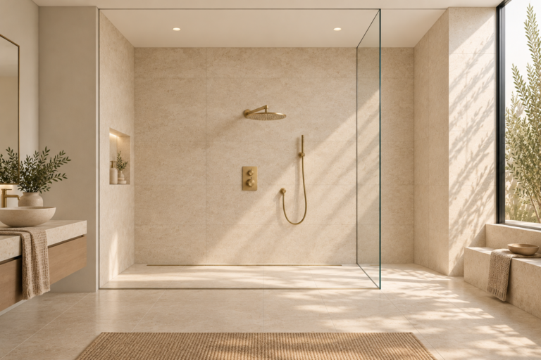 Two-function brushed brass shower system with rainfall showerhead and separate handheld shower in a limestone walk-in shower