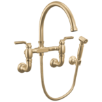 Brizo Faircroft Wall Mount Bridge Faucet with Arc Spout and Side Sprayer in Brilliance® Luxe Gold® with Industrial Lever handle, 621248LF-GLLHP--HLR048-GL