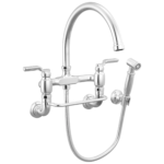 Brizo Faircroft Wall Mount Bridge Faucet with Arc Spout and Side Sprayer in Polished Chrome with Industrial Lever handle, 621248LF-PCLHP--HLR048-PC