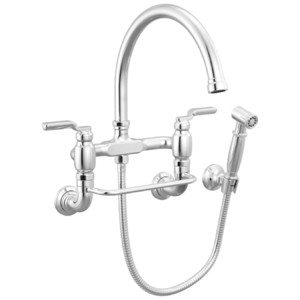 Brizo Faircroft Wall Mount Bridge Faucet with Arc Spout and Side Sprayer in Polished Chrome with Industrial Lever handle, 621248LF-PCLHP--HLR048-PC