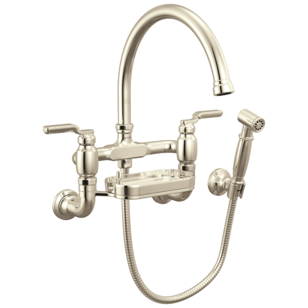 Brizo Faircroft Wall Mount Bridge Faucet with Arc Spout and Side Sprayer in Brilliance® Polished Nickel with Industrial Lever handle, 621248LF-PNLHP--HLR048-PN