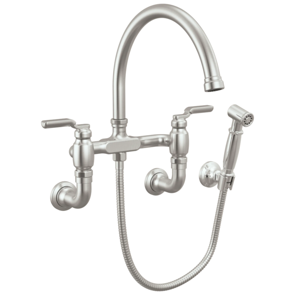 Brizo Faircroft Wall Mount Bridge Faucet with Arc Spout and Side Sprayer in Brilliance® Stainless with Industrial Lever handle, 621248LF-SSLHP--HLR048-SS