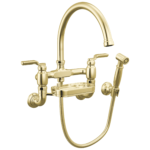 Brizo Faircroft Wall Mount Bridge Faucet with Arc Spout and Side Sprayer in Unlacquered Brass with Industrial Lever handle, 621248LF-ULBLHP--HLR048-ULB