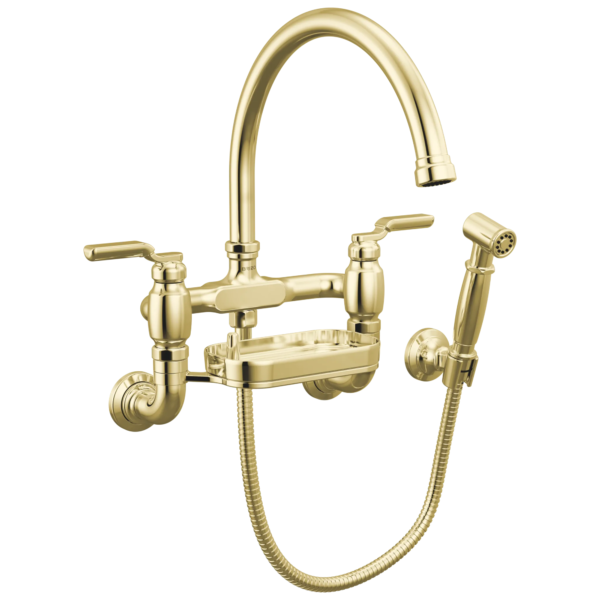 Brizo Faircroft Wall Mount Bridge Faucet with Arc Spout and Side Sprayer in Unlacquered Brass with Industrial Lever handle, 621248LF-ULBLHP--HLR048-ULB