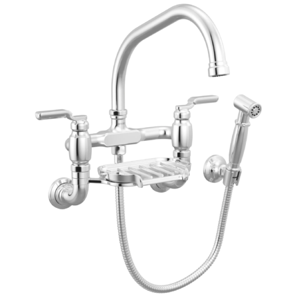 Brizo Faircroft Wall Mount Bridge Faucet with Angled Spout and Side Sprayer in Polished Chrome with Industrial Lever handle, 621249LF-PCLHP--HLR048-PC