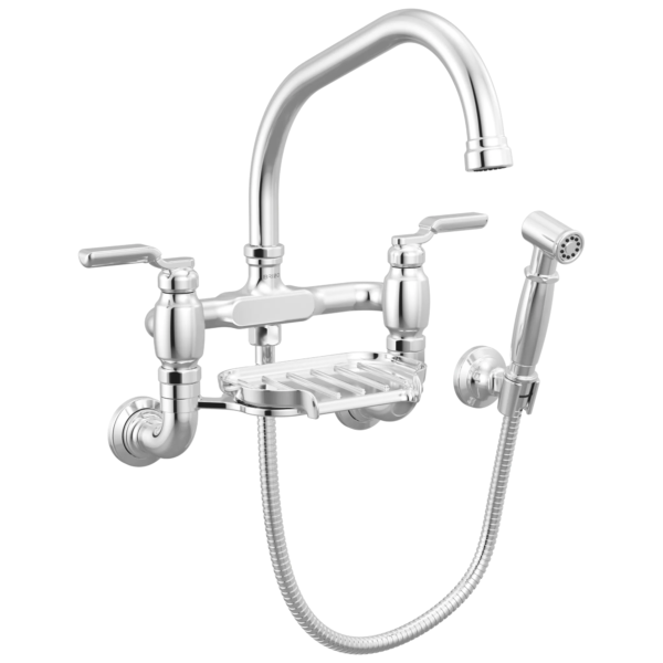Brizo Faircroft Wall Mount Bridge Faucet with Angled Spout and Side Sprayer in Polished Chrome with Industrial Lever handle, 621249LF-PCLHP--HLR048-PC