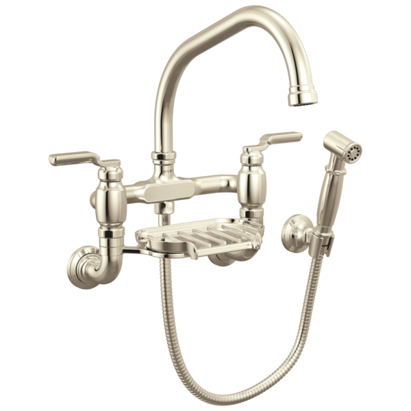 Brizo Faircroft Wall Mount Bridge Faucet with Angled Spout and Side Sprayer in Brilliance® Polished Nickel with Industrial Lever handle, 621249LF-PNLHP--HLR048-PN