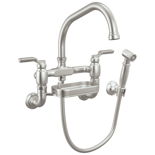 Brizo Faircroft Wall Mount Bridge Faucet with Angled Spout and Side Sprayer in Brilliance® Stainless with Industrial Lever handle, 621249LF-SSLHP--HLR048-SS
