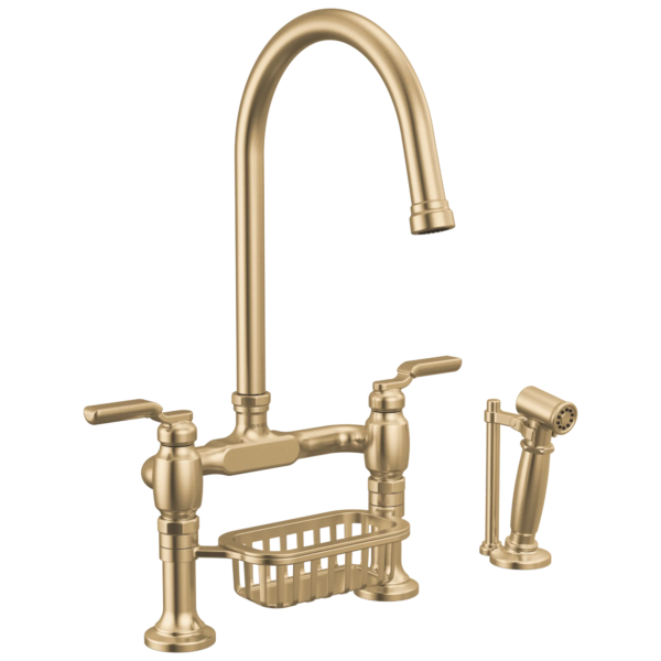 Brizo Faircroft Deck Mount Bridge Faucet with Arc Spout and Side Sprayer in Brilliance® Luxe Gold® with Industrial Lever handle, 62548LF-GLLHP--HLR048-GL
