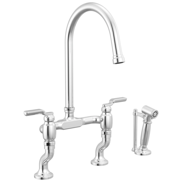 Brizo Faircroft Deck Mount Bridge Faucet with Arc Spout and Side Sprayer in Polished Chrome with Industrial Lever handle, 62548LF-PCLHP--HLR048-PC