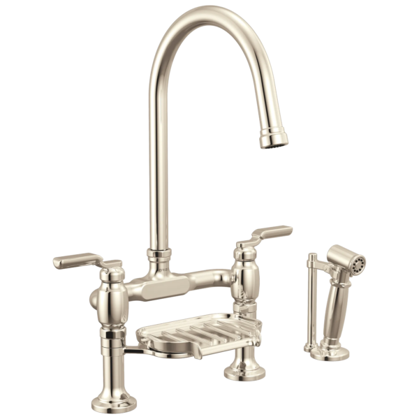 Brizo Faircroft Deck Mount Bridge Faucet with Arc Spout and Side Sprayer in Brilliance® Polished Nickel with Industrial Lever handle, 62548LF-PNLHP--HLR048-PN