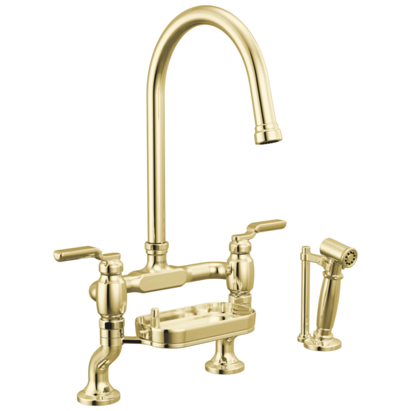 Brizo Faircroft Deck Mount Bridge Faucet with Arc Spout and Side Sprayer in Unlacquered Brass with Industrial Lever handle, 62548LF-ULBLHP--HLR048-ULB