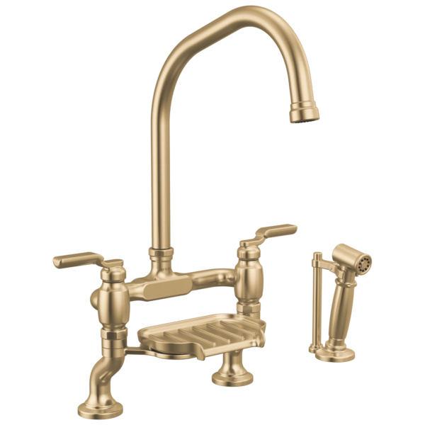 Brizo Faircroft Deck Mount Bridge Faucet with Angled Spout and Side Sprayer in Brilliance® Luxe Gold® with Industrial Lever handle, 62549LF-GLLHP--HLR048-GL