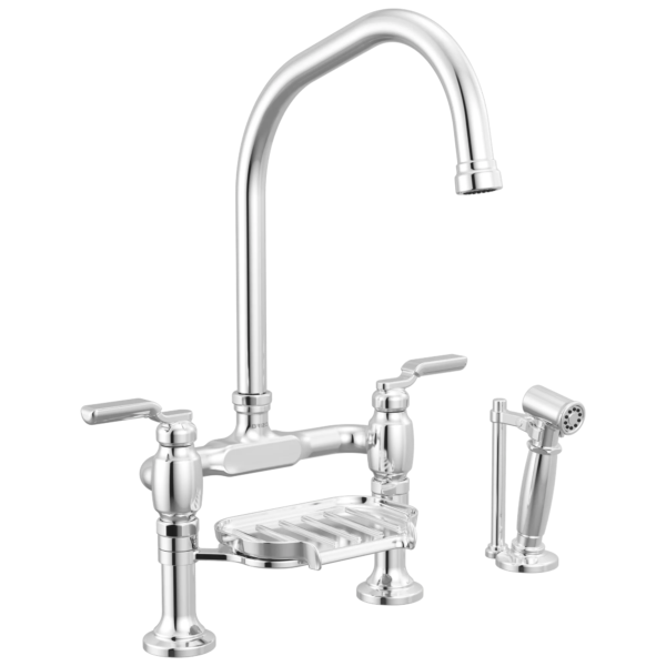 Brizo Faircroft Deck Mount Bridge Faucet with Angled Spout and Side Sprayer in Polished Chrome with Industrial Lever handle, 62549LF-PCLHP--HLR048-PC