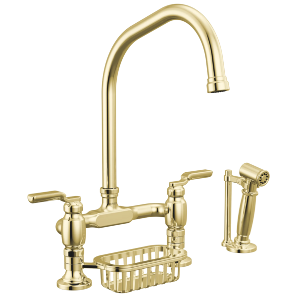 Brizo Faircroft Deck Mount Bridge Faucet with Angled Spout and Side Sprayer in Unlacquered Brass with Industrial Lever handle, 62549LF-ULBLHP--HLR048-ULB
