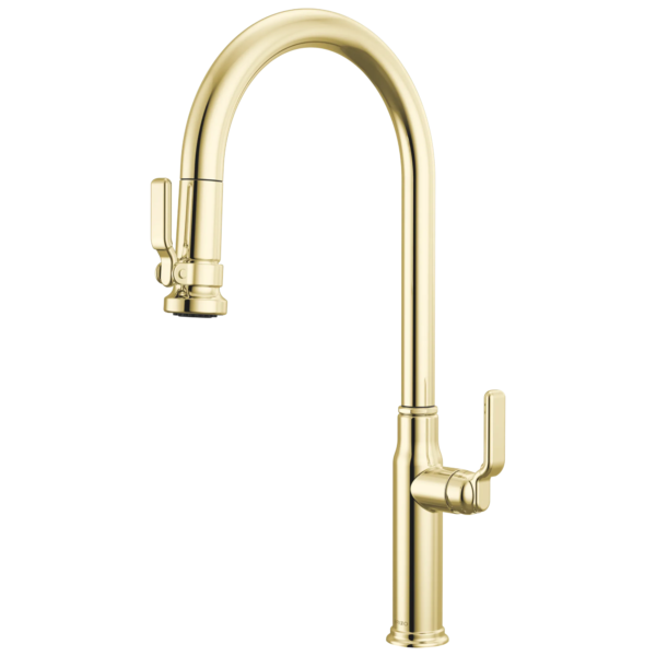 Brizo Faircroft Pull-Down Faucet with Arc Spout in Unlacquered Brass with Industrial Lever handle, 63048LF-ULBLHP--HLK048-ULB