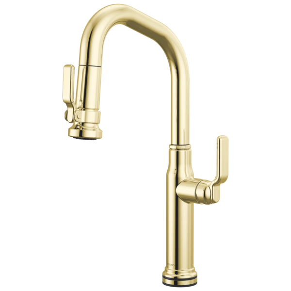 Brizo Faircroft SmartTouch® Pull-Down Prep Faucet with Angled Spout in Unlacquered Brass with Industrial Lever handle, 64949LF-ULBLHP--HLK048-ULB